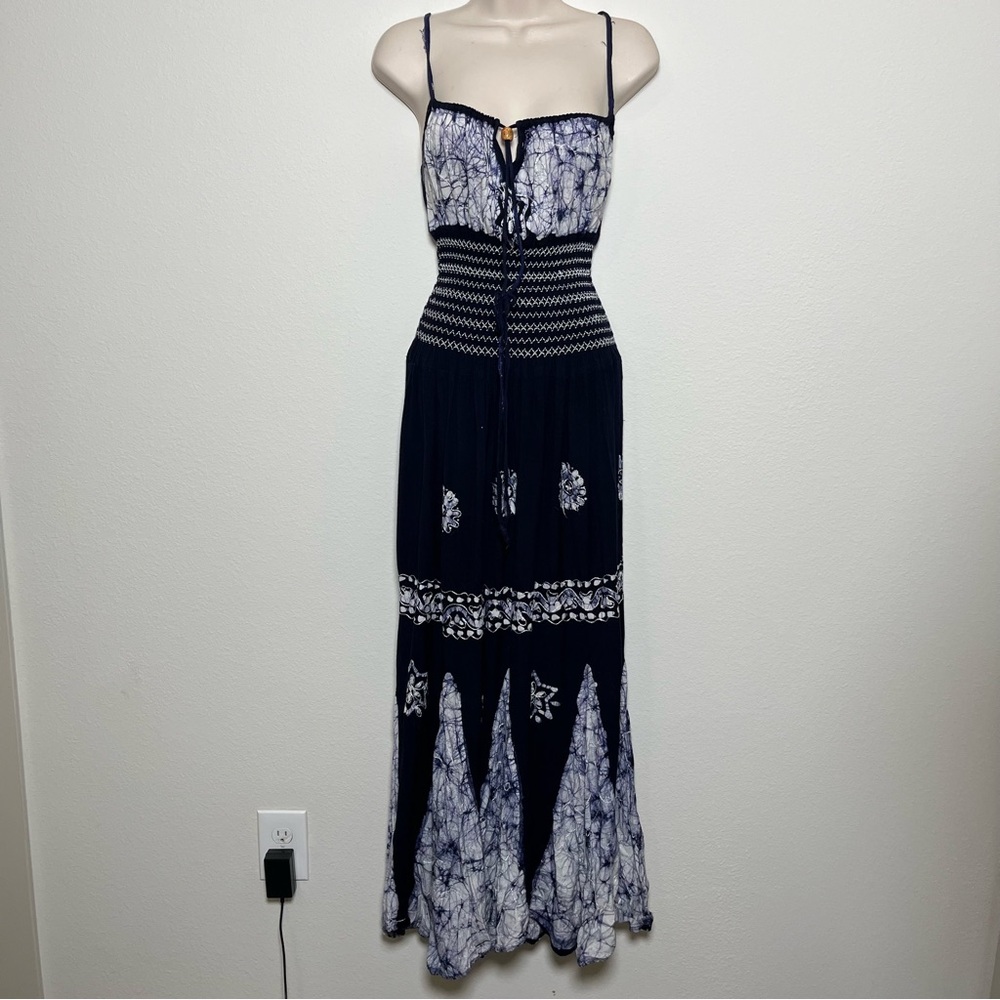 Unbranded Womens Rayon Maxi Dress OS Blue Batik Smocked Waist Strappy Boho